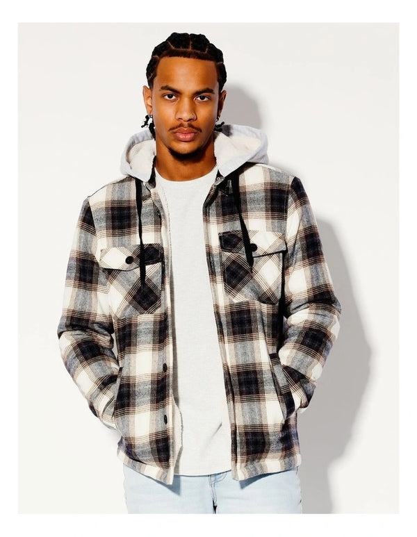 Kenji  Chopper Check Detachable Hood Sherpa Shacket in Assorted